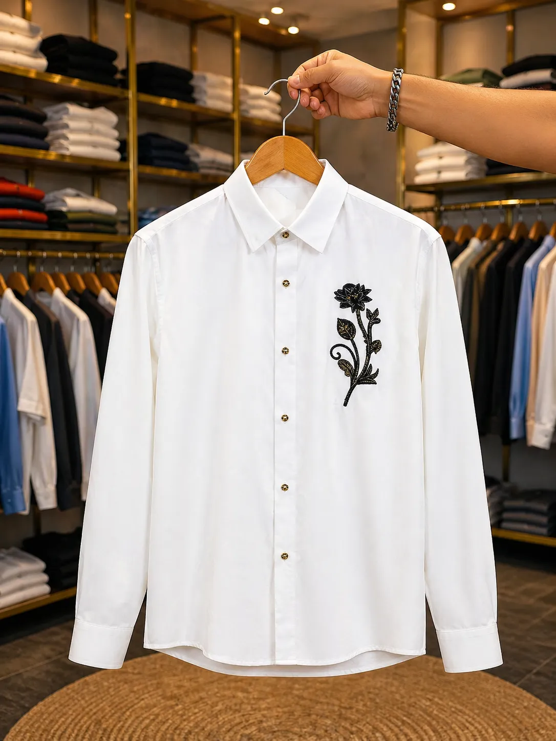 Men's White Long-Sleeve Floral Embroidered Shirt